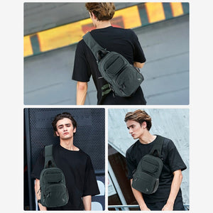OIWAS grey sling bag worn crossbody by man during urban commute