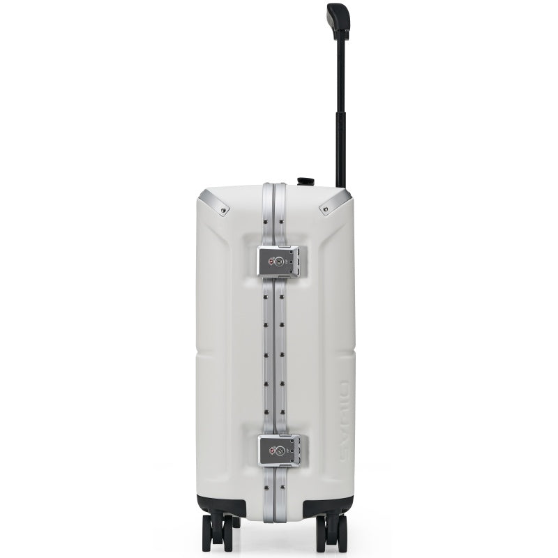 Side view of OIWAS Horizon X carry-on showing robust aluminum frame construction, recessed TSA lock, and smooth-gliding spinner wheels.