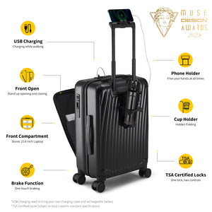 OIWAS SMOOTH Series 20-inch multifunctional suitcase: USB charging, front opening, brake function, with phone holder, 
TSA lock, MUSE Design Award