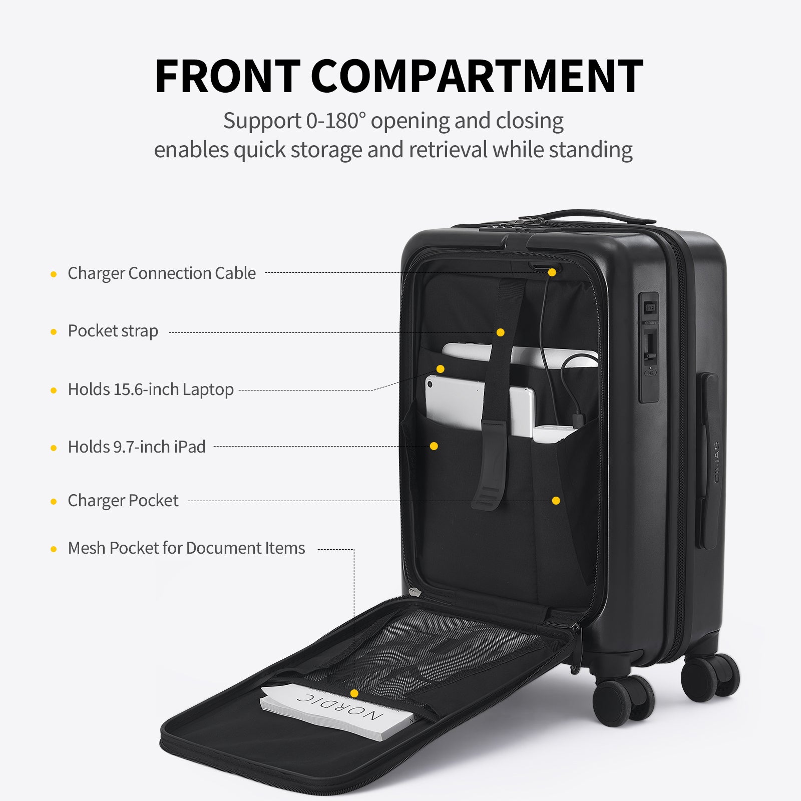 OIWAS SMOOTH Series Front Opening 20” black Carry On Luggage: support 0-180° opening and closing, enable quick stoge and retrieval while standing