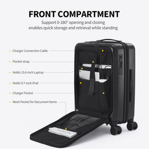 OIWAS SMOOTH Series Front Opening 20” black Carry On Luggage: support 0-180° opening and closing, enable quick stoge and retrieval while standing