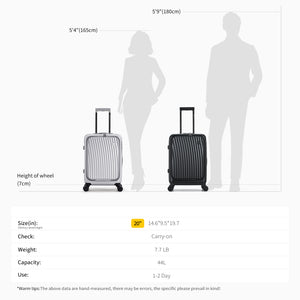 OIWAS SMOOTH Series Front Opening 20”Carry On Luggage: size 14.6" * 9.5" * 19.7", weight 7.7LB, capacity 44L