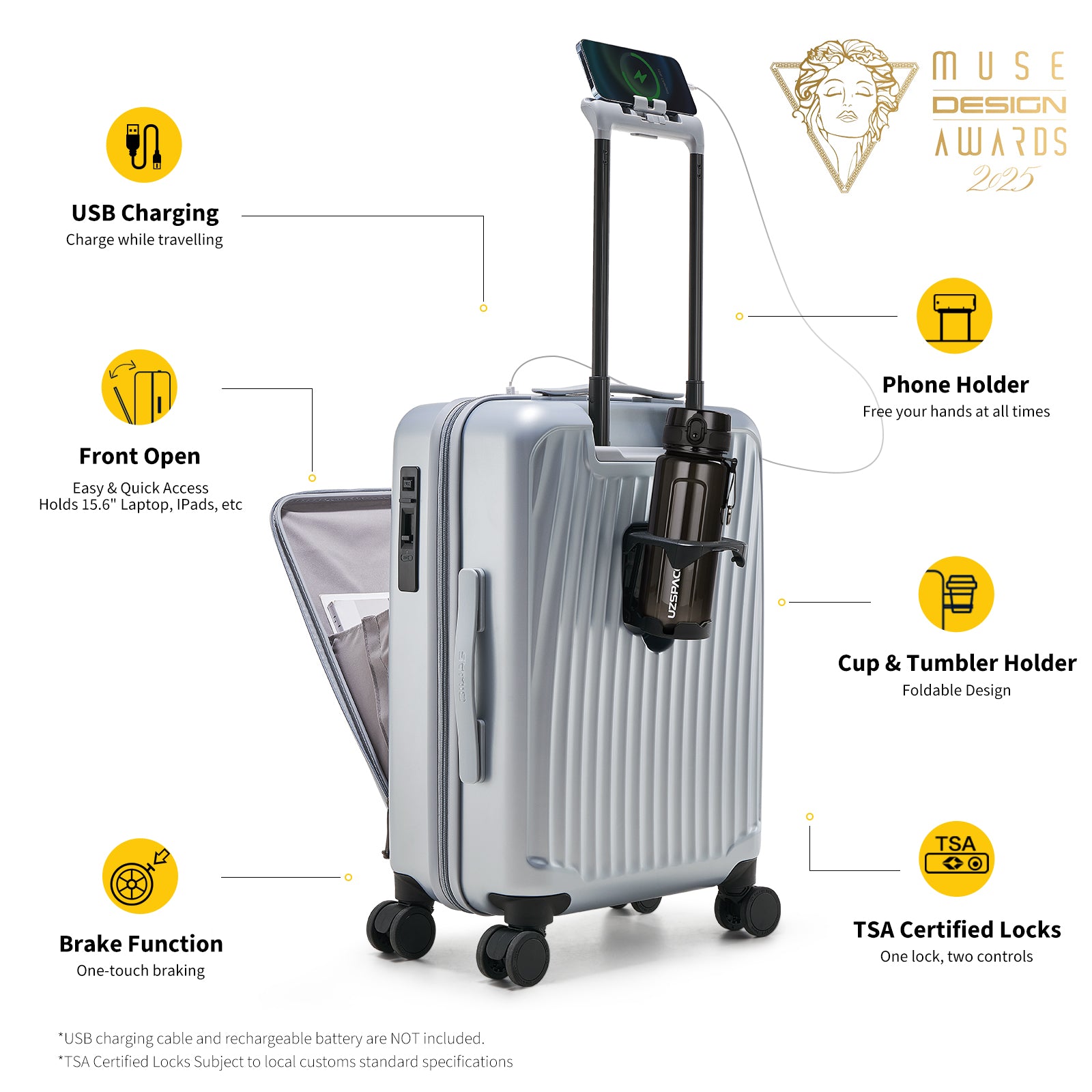 OIWAS SMOOTH Series 20-inch multifunctional suitcase: USB charging, front opening, brake function, with phone holder, 
TSA lock, MUSE Design Award