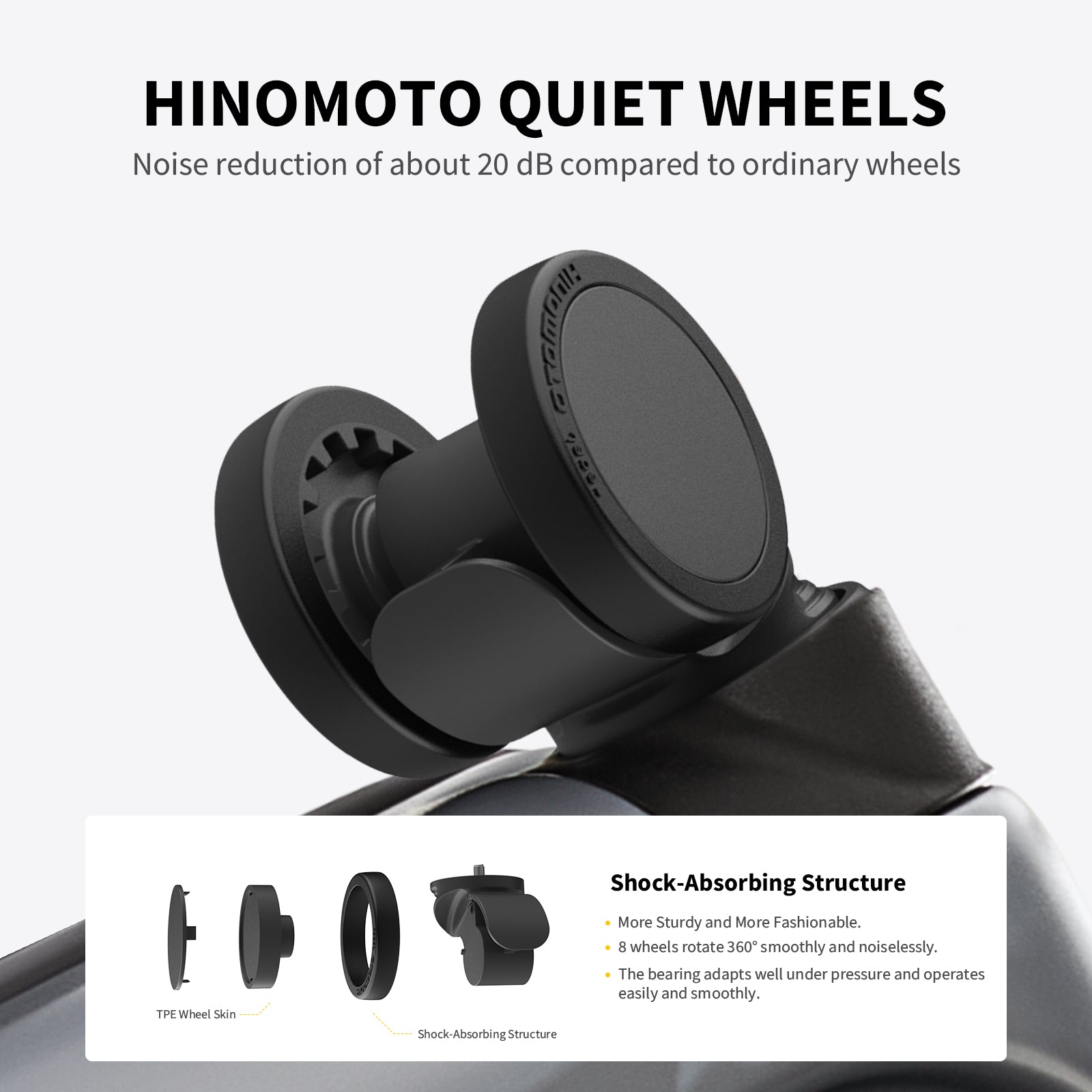 OIWAS SMOOTH Series Front Opening 20”Carry On Luggage: made with high-quality hinomoto quiet wheels, noise reduction of 20 dB compared to ordinary wheels