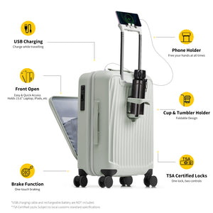 OIWAS SMOOTH Series 20-inch white multifunctional suitcase: USB charging, front opening, brake function, with phone holder, 
TSA lock, MUSE Design Award