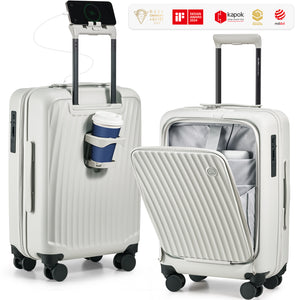 OIWAS SMOOTH Series 20-inch white front-opening carry-on luggage in matte finish, featuring full-zip front panel for fast access to essentials.