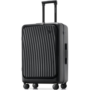 OIWAS SMOOTH Series 24" front-opening black check-in luggage in matte finish, featuring full-zip front panel for fast access to essentials.