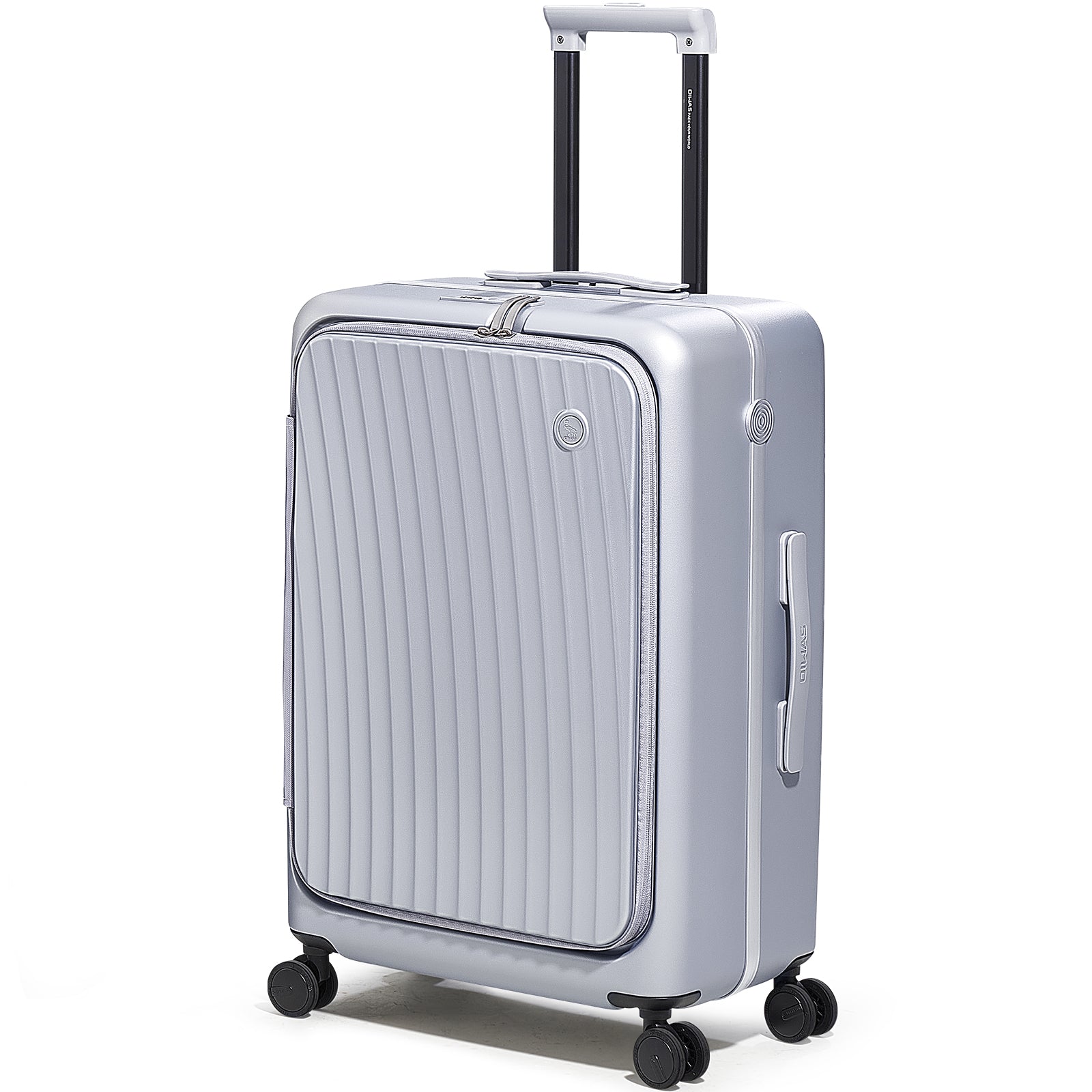 OIWAS SMOOTH Series 24" front-opening sliver check-in luggage in matte finish, featuring full-zip front panel for fast access to essentials.