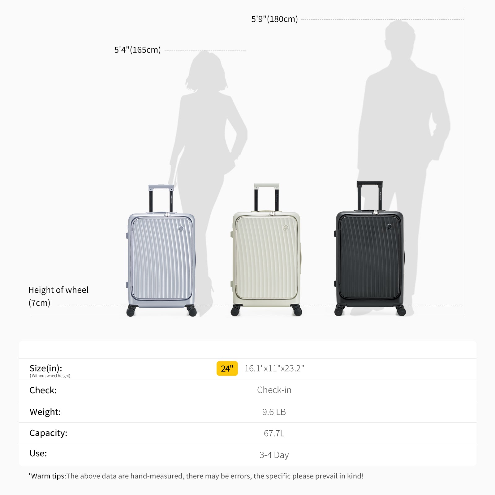 OIWAS SMOOTH Series Front Opening 24" check-in Luggage: size 16.1" × 11" × 23.2", weight 9.5LB, capacity 67.7L