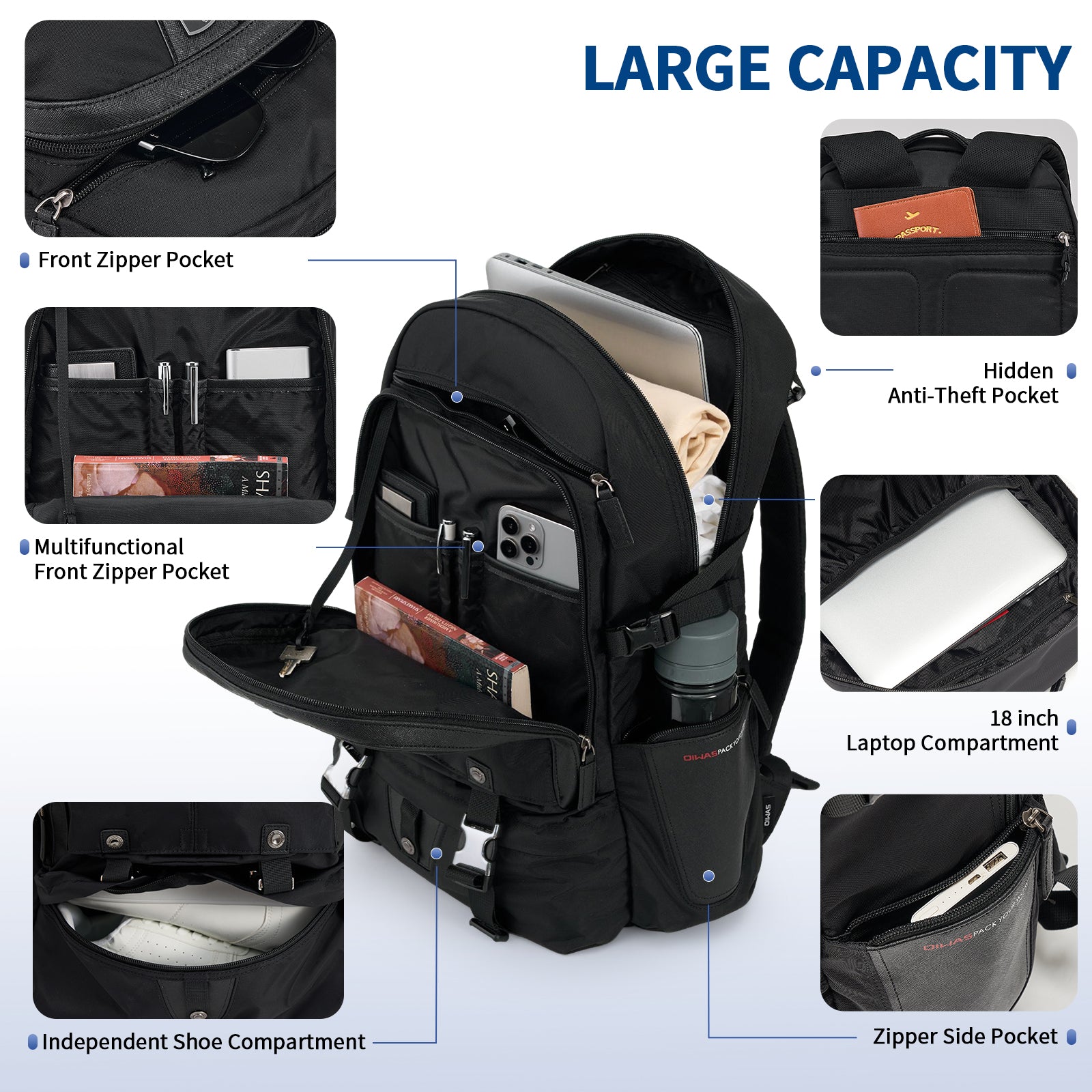 OIWAS TRIUMPH PLUS 32L Laptop Backpack – Lightweight, Anti-Theft & Luggage Attachable, with Shoe Compartment, fit 18" laptop
