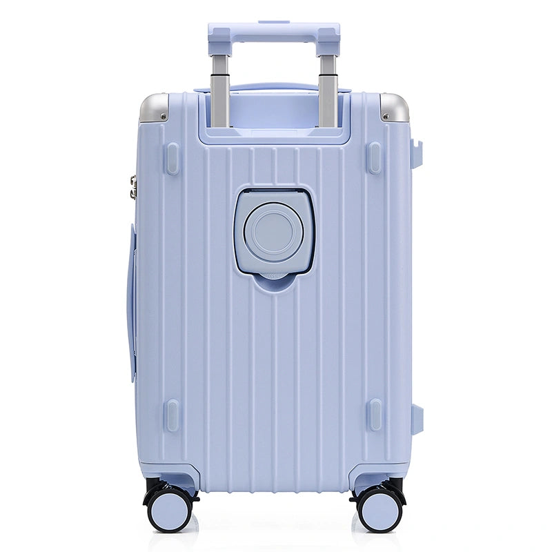 OIWAS Trunk Suitcase hardshell polycarbonate luggage in blue,hidden foldable cup holder detail