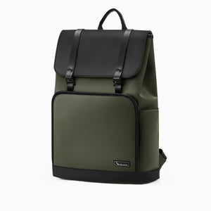 OIWAS VANGUARD 16-inch laptop backpack in an urban setting, featuring a sleek design with front organizer pockets and trolley sleeve for attaching to rolling luggage