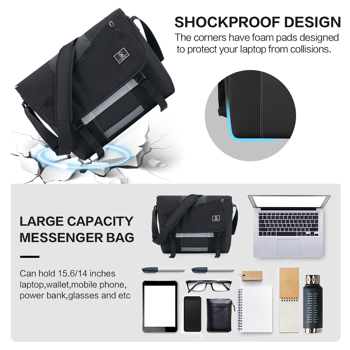 OIWAS large-capacity messenger bag with  high-density foam lining, and organized tech pockets for secure transit.