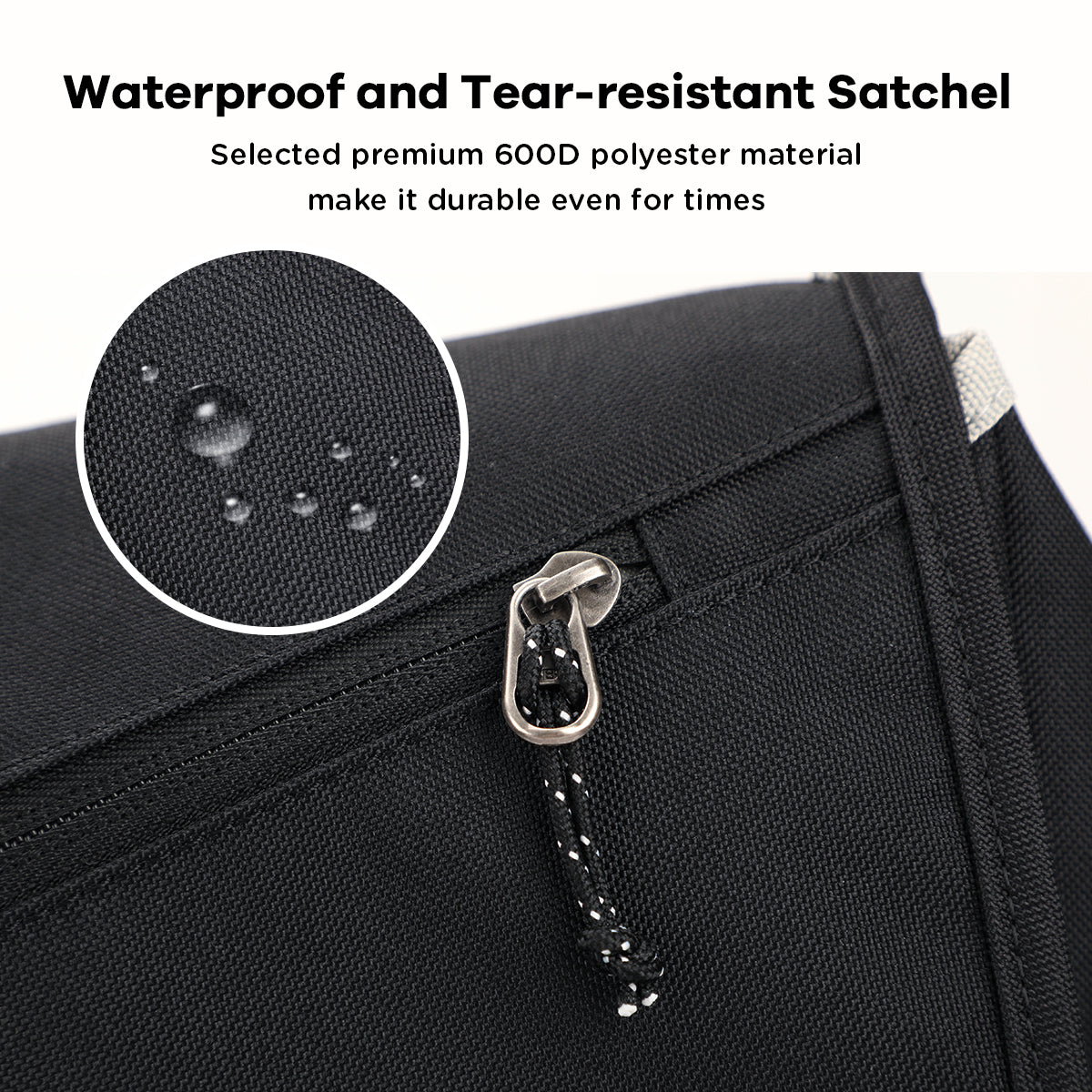Water droplets beading on the surface of OIWAS fashion messenger bag, demonstrating its high-performance waterproof nylon fabric.