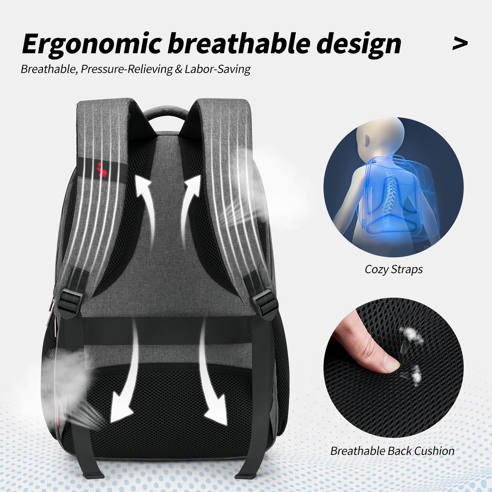 Padded 17-inch laptop compartment in OIWAS backpack with soft fleece lining to protect MacBook Pro, Dell, or Lenovo laptops.