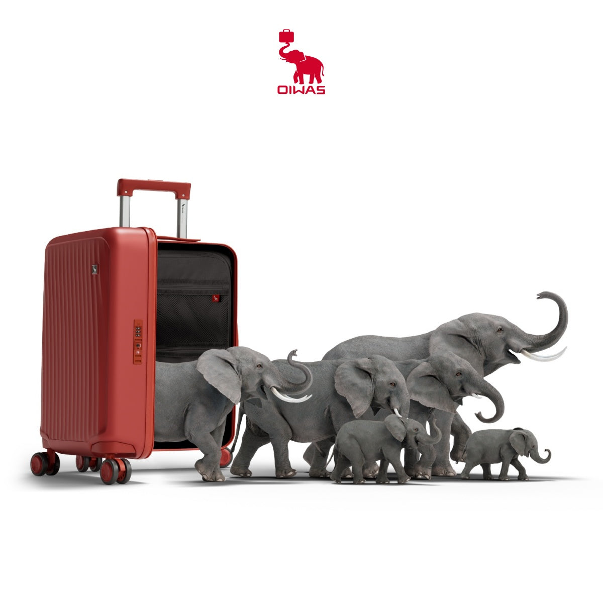 elephant emerging from an OIWAS hard shell suitcase—symbolizing exceptional capacity, durability, and smart travel design.