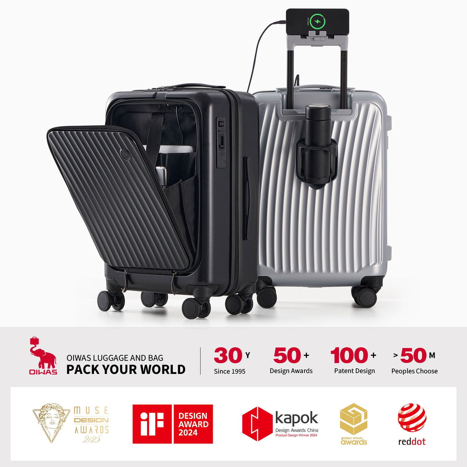 OIWAS award-winning front-opening hard shell suitcase—quick-access design, 360° spinner wheels, and TSA lock for smart travelers.