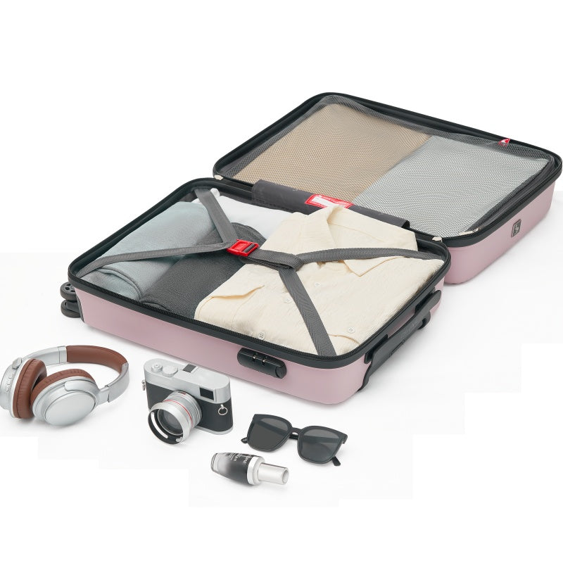 Open view of the OIWAS BUBBLE Collection suitcase revealing organized compartments