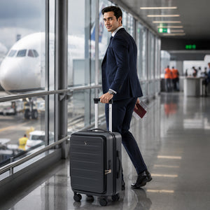 Traveler with OIWAS hard shell carry on suitcase at airport terminal