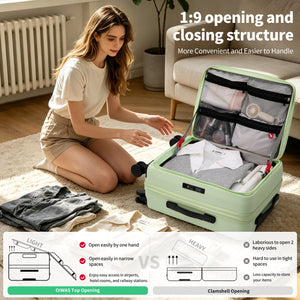 Traveler accessing OIWAS carry on suitcase via top opening feature