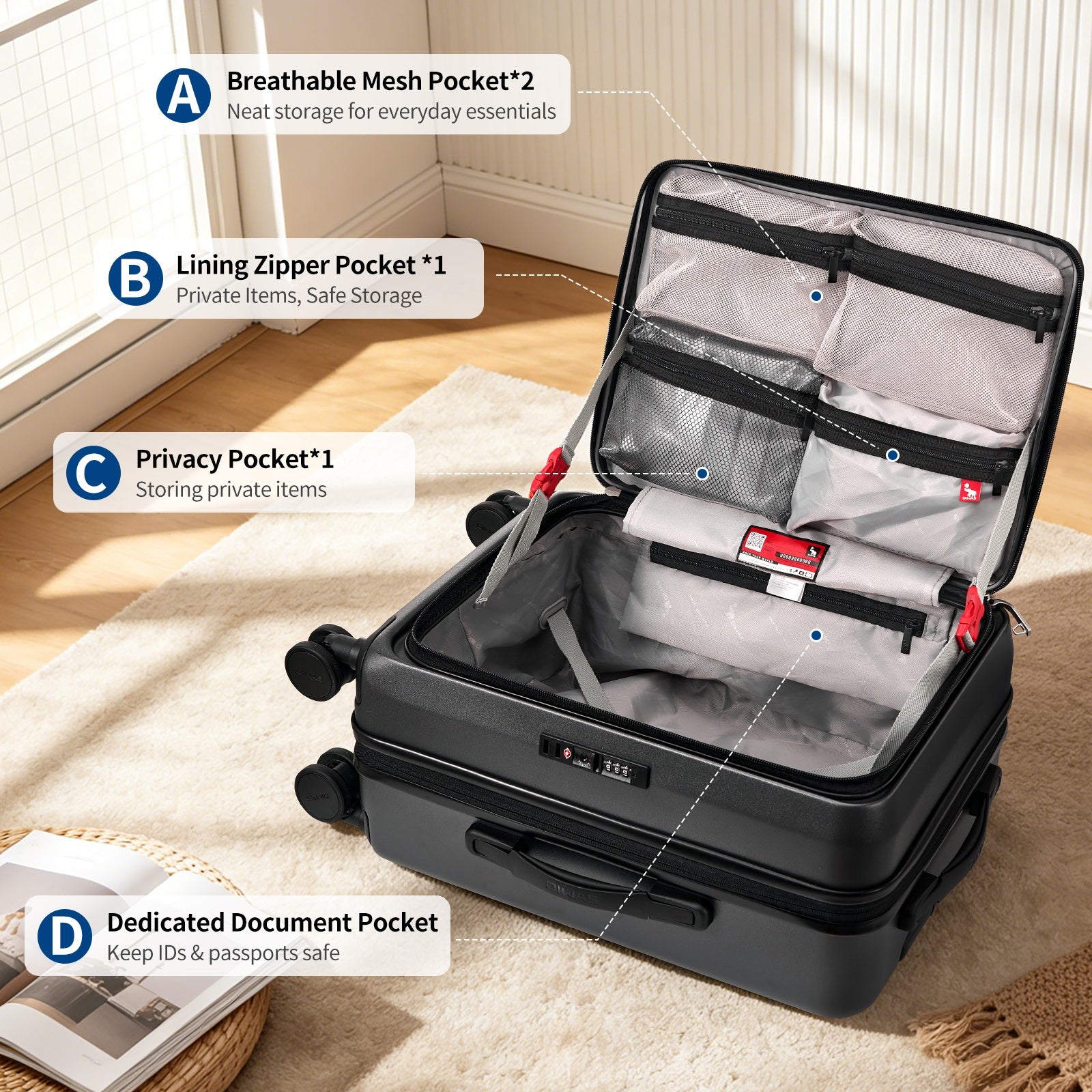 Interior of OIWAS black 20 inch hard shell carry on suitcase with organized compartments