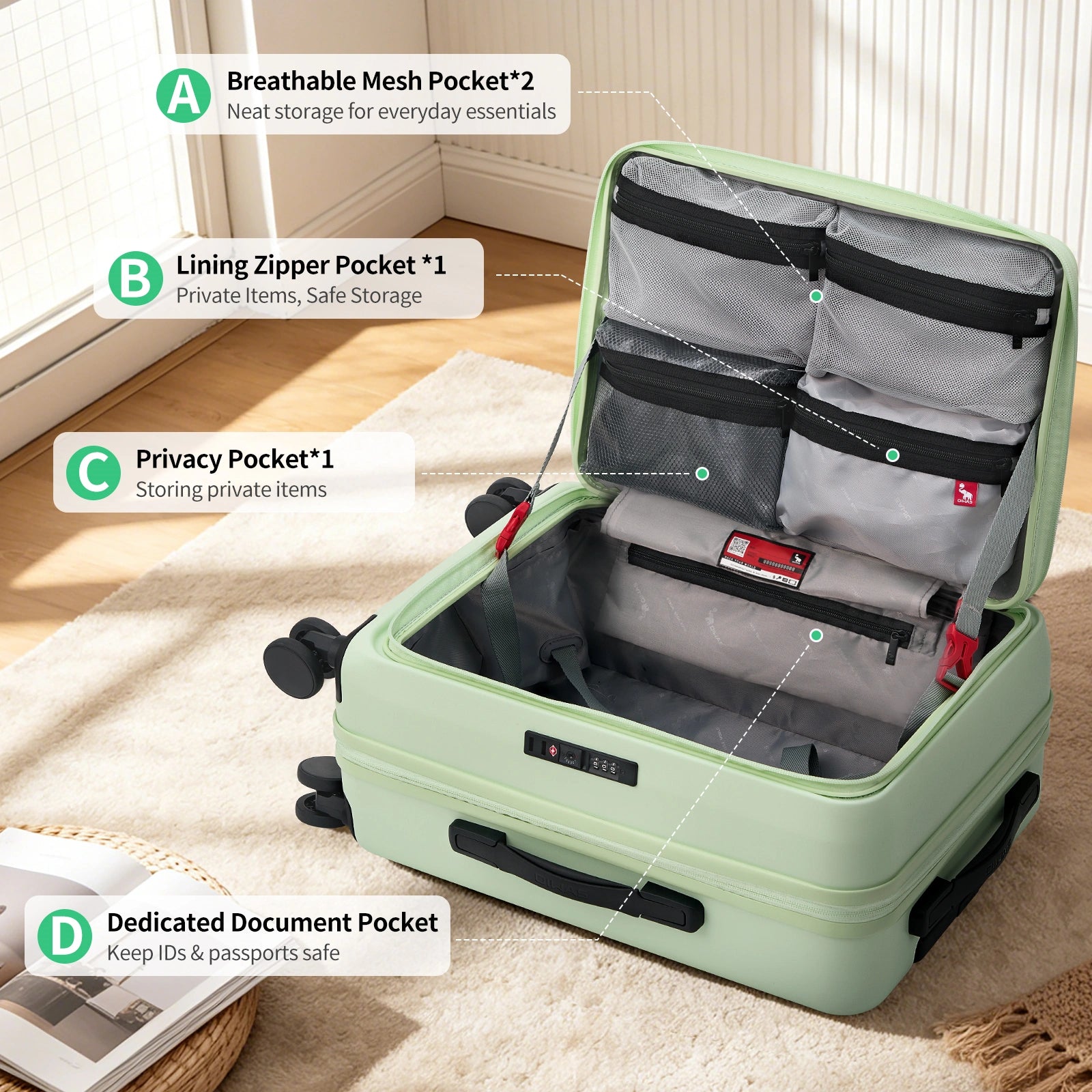 Interior of OIWAS green 20 inch hard shell carry on suitcase with organized compartments