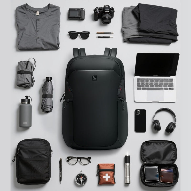 OIWAS ELEPHANTOM 16-inch laptop backpack with trolley sleeve, worn by traveler in urban setting — sleek, lightweight design for daily commute and business travel