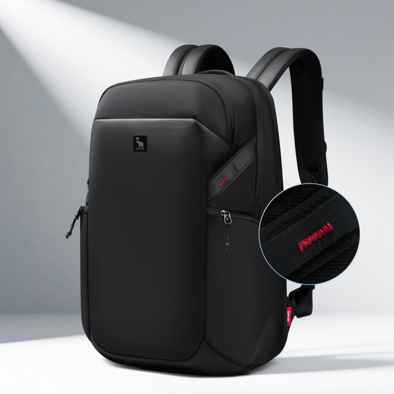 OIWAS ELEPHANTOM 16-inch laptop backpack with trolley sleeve, worn by traveler in urban setting — sleek, lightweight design for daily commute and business travel