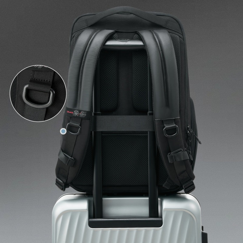 OIWAS ELEPHANTOM 16-inch laptop backpack with trolley sleeve, worn by traveler in urban setting — sleek, lightweight design for daily commute and business travel