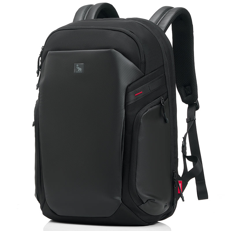 OIWAS ELEPHANTOM 17-inch laptop backpack with trolley sleeve, worn by traveler in urban setting — sleek, lightweight design for daily commute and business travel