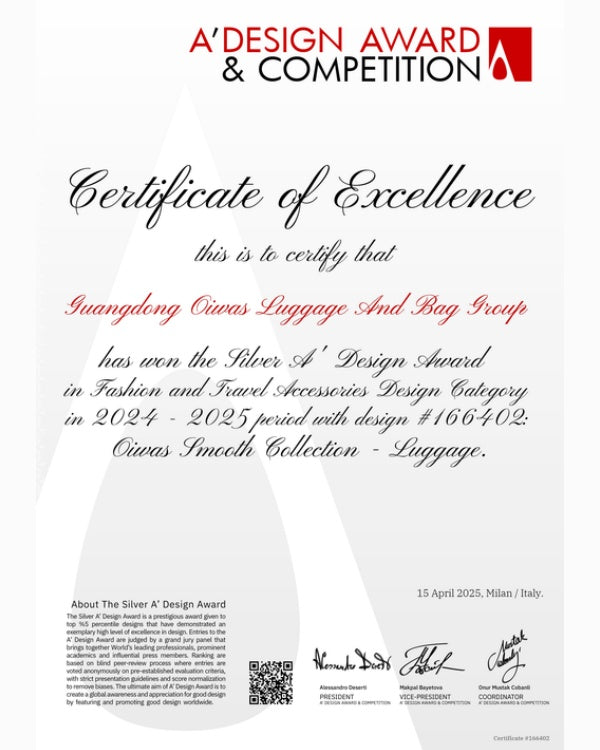 OIWAS receives A’Design Award for innovative travel luggage—celebrating excellence in product design