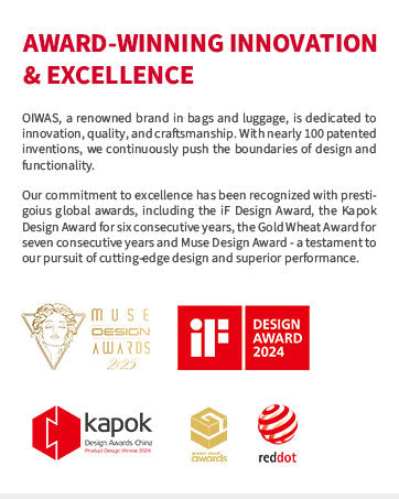 OIWAS brand highlighted for award-winning design—recognized for innovation in travel gear with multiple industry awards.