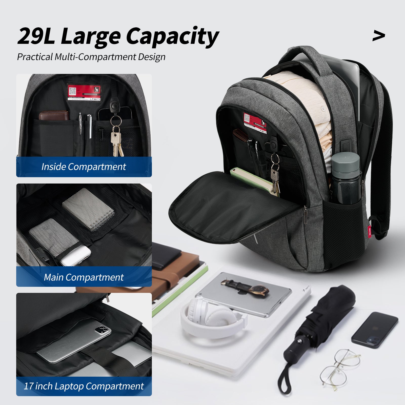 Padded 15.6-inch laptop compartment in OIWAS backpack with soft fleece lining to protect MacBook Pro, Dell, or Lenovo laptops.