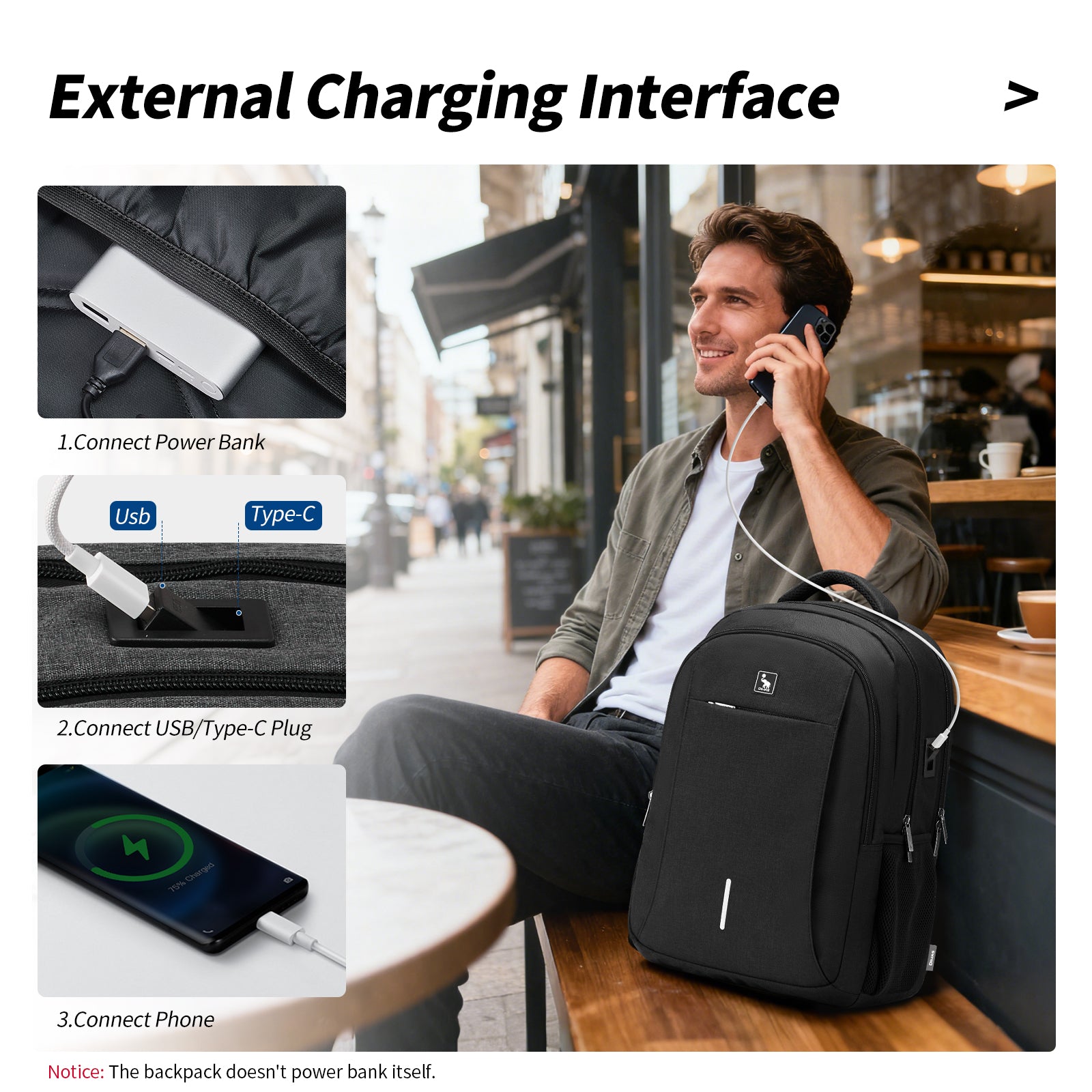 Close-up of external USB charging port on OIWAS laptop backpack—connect your power bank inside for on-the-go device charging.
