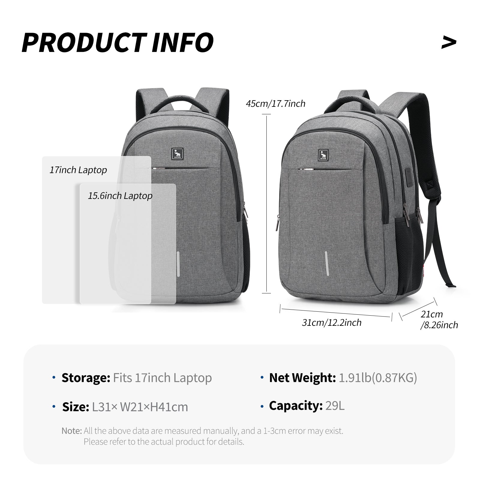 OIWAS 17" laptop backpack with built-in USB charging port, padded laptop sleeve, and ergonomic straps for professionals.