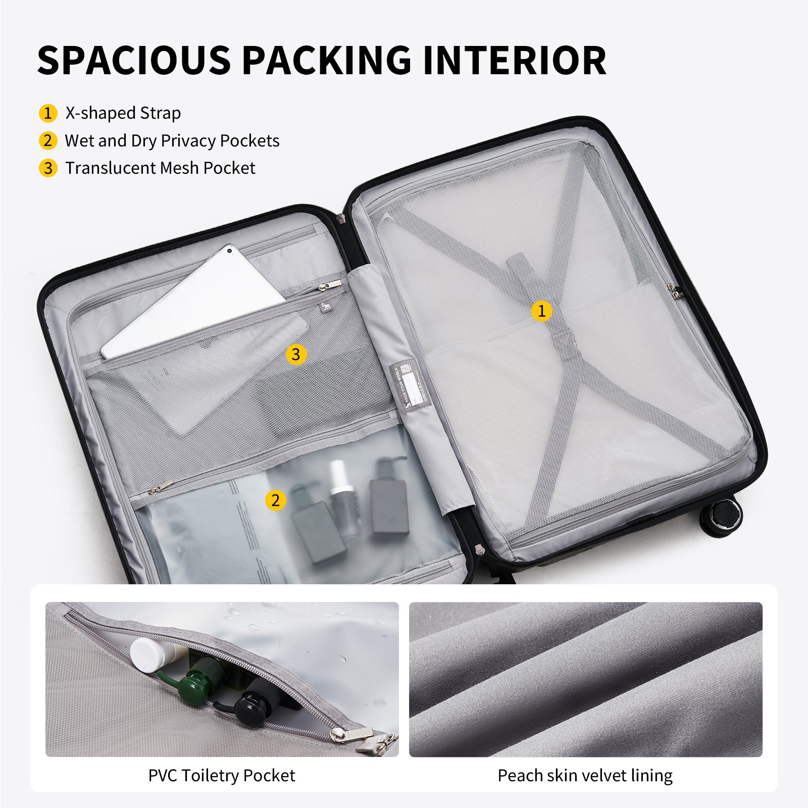 Interior of OIWAS suitcase with wet-dry separation and smart organization compartments for clutter-free packing.