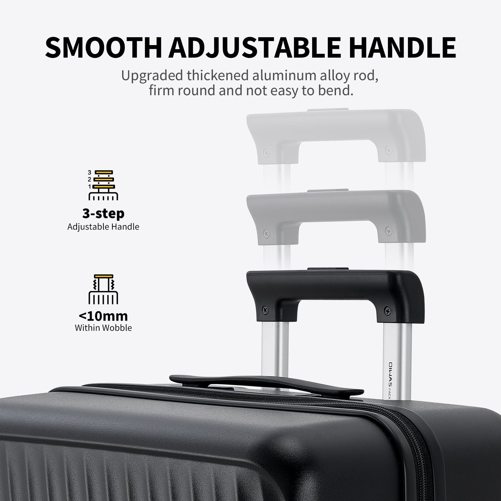 Aerospace-grade aluminum telescopic handle on OIWAS luggage —ergonomic, multi-height, and wobble-free.