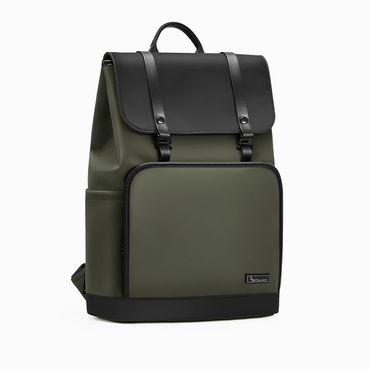 OIWAS VANGUARD 16-inch laptop backpack in an urban setting, featuring a sleek design with front organizer pockets and trolley sleeve for attaching to rolling luggage