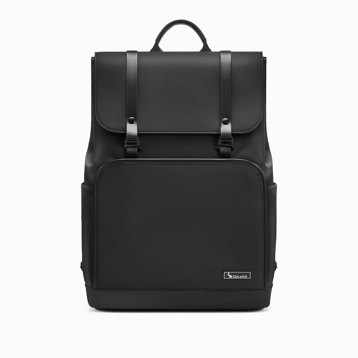 OIWAS VANGUARD 16-inch laptop backpack in an urban setting, featuring a sleek design with front organizer pockets and trolley sleeve for attaching to rolling luggage