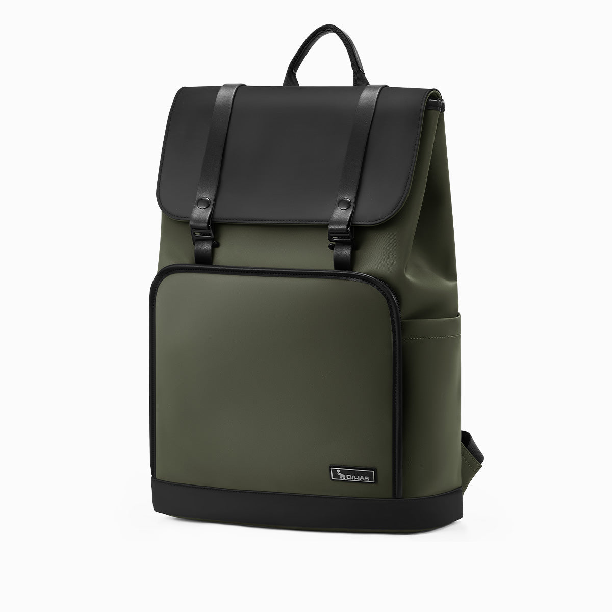 OIWAS VANGUARD 16-inch laptop backpack in an urban setting, featuring a sleek design with front organizer pockets and trolley sleeve for attaching to rolling luggage