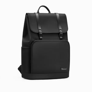 OIWAS VANGUARD 16-inch laptop backpack in an urban setting, featuring a sleek design with front organizer pockets and trolley sleeve for attaching to rolling luggage